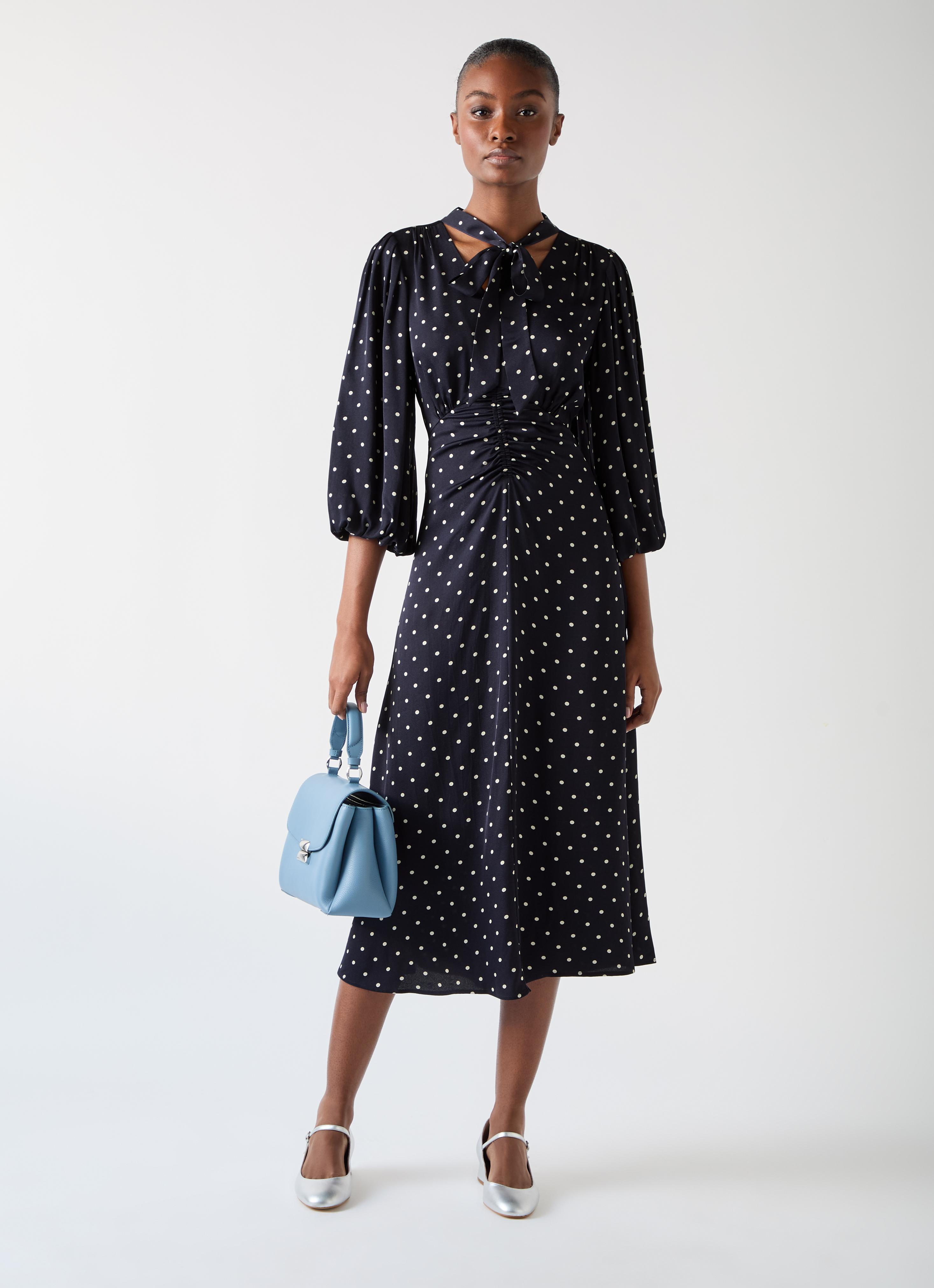 Hester Blue & Navy Viscose Spot Tie Neck Gather Front Dress